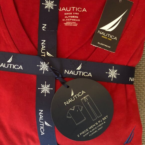 NAUTICA MEN’S PJ SET PAJAMAS NEW RED TOP PLAID BOTTOMS SIZE XL NWT - Picture 2 of 2